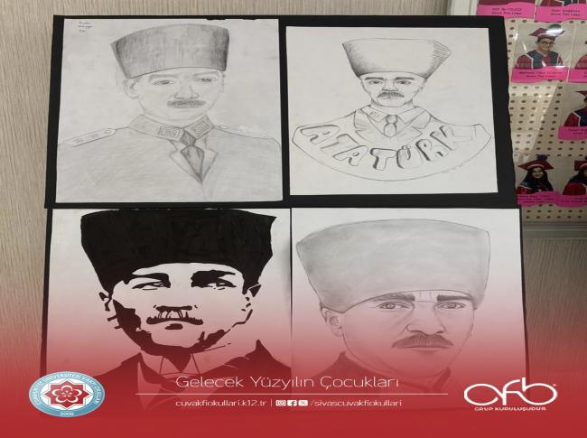 10 Kasım Atatürk’ü Anma Günü kapsamında ortaokul öğrencilerimiz “Portrelerle Atatürk” sergisini açtı. Sergide, öğrencilerimiz Atatürk’ü sanatın diliyle anarak O’na olan bağlılıklarını ifade ettiler. görseli