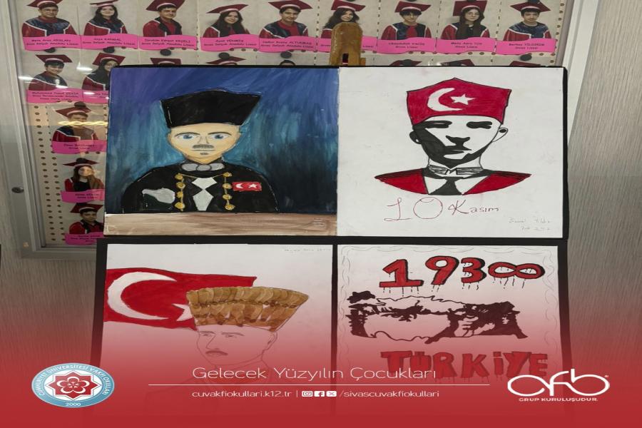 10 Kasım Atatürk’ü Anma Günü kapsamında ortaokul öğrencilerimiz “Portrelerle Atatürk” sergisini açtı. Sergide, öğrencilerimiz Atatürk’ü sanatın diliyle anarak O’na olan bağlılıklarını ifade ettiler.